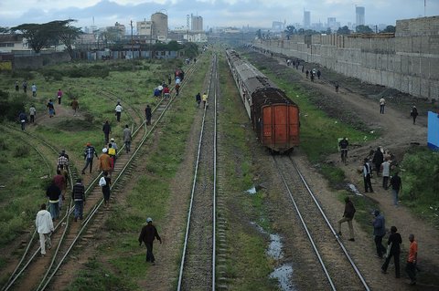 A train carries passengers from the business district of Nairobi.