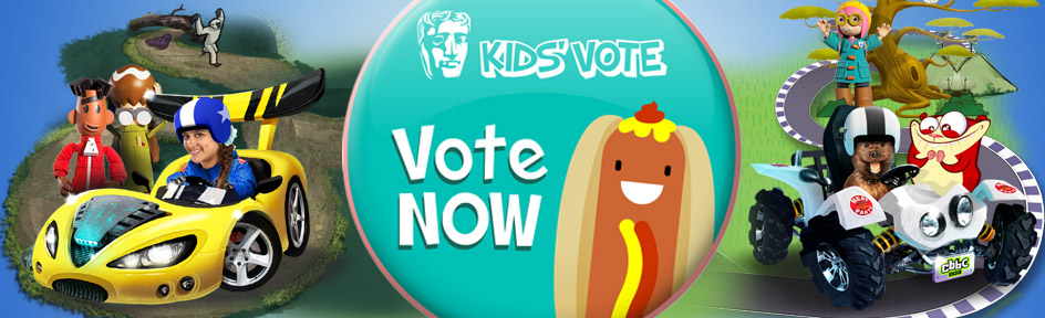 Loads of CBBC characters behind a 'vote now' button that features a cartoon hot dog.