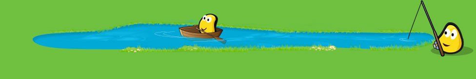 A picute of a bug rowing a boat in a pond and another bug fishing.