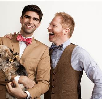 Image: Jesse Tyler Ferguson and  husband Justin Mikita, and their Morkie Leaf