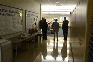  Staff members watch the Ebola video conference at Hampton High School. 