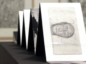 28 October 2014: A zinc sheet used for the work 'Ombre' (2008) is displayed during the exhibition of some 200 engravings by Italian artist Mimmo Paladino at the Museum of Fine Arts in Bilbao as part of the International Festival of Illustrations, in Bilbao, Spain. The exhibition runs from 28 October to 9 February 2015