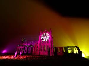 29 October 2014: Whitby Abbey in North Yorkshire is floodlit as it takes part in its annual illumination