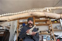  Bill Wilson, who also goes by "Biilzebub" the Bone Collector, poses for a portrait inside his workshop on the South Side, where he creates jewelry, lamps and sculpture using the bones of deceased animals.