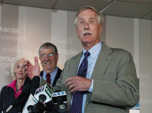 In August, Senator Angus King, right, endorsed Eliot Cutler, center, an independent running for governor in Maine.