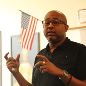 Vincent Flewellen leads a lesson on Ferguson during his eighth-grade multicultural studies course at Ladue Middle School.