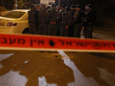 PHOTO: Israeli security forces gather behind a security perimeter outside the Menachem Begin Heritage Center where a Jewish activist was wounded during a shooting on Oct. 29, 2014 in Jerusalem. 