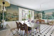 The dining room of the Orangerie, with wallpaper that depicts the native Antilles of Joséphine de Beauharnais.