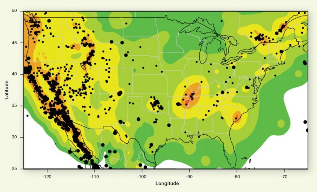 Seismicity of the coterminous United States and surrounding regions, 2009–2012. Black dots denote earthquakes with a magnitude ≥ 3.0 are shown; larger dots denote events with a magnitude ≥ 4.0. Background colors indicate earthquake hazard levels from the U.S. National Seismic Hazard Map (NSHM). Learn more about the NSHM at http://earthquake.usgs.gov/hazards/?source=sitenav.