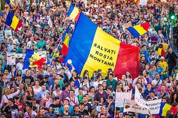 Massive protests in Bucharest, Romania, opposing the proposed Rosia Montana open pit gold mine.