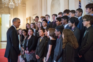President Barack Obama greets 2014 Broadcom MASTERS (Math, Applied Science, Technology and Engineering Rising Stars) finalists in the Cross Hall of the White House, Oct. 28, 2014. (Official White House Photo by Pete Souza)
