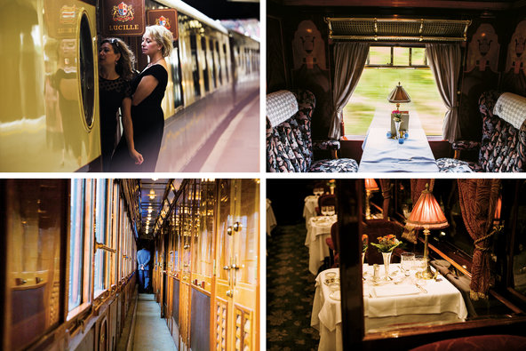 Clockwise from above: the authors step aboard the ‘‘Lucille’’ carriage of the Belmond British Pullman at London’s Victoria Station; a restored dining car on the Pullman; a dining carriage on the Venice Simplon-Orient-Express; a steward in the narrow corridor.