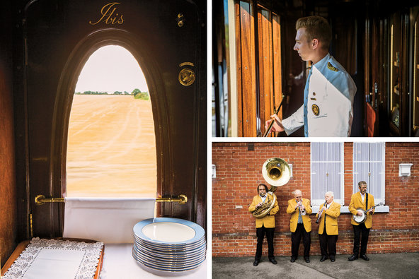 From left: the countryside as seen from the British Pullman; the bright light of northern Italy; the Art Deco Dixieland band serenades passengers in Folkestone, England.