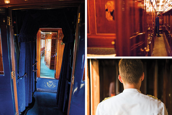 From left: a regal velvet-curtained cabin; a wood-paneled corridor in the Orient Express; a uniformed bartender.