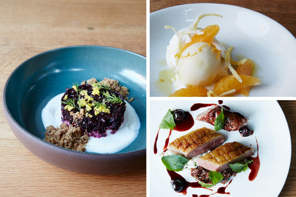 Clockwise from left: Little Park’s Beetroot Tartar with Horseradish Cream & Rye Crumble; Frozen Lemon Fluff with Local Honey-Lemon Sorbet and Meyer Lemon Oil; and 14-day Dry-Aged Duck Breast with, among many other things, Roasted Garlic Puree.