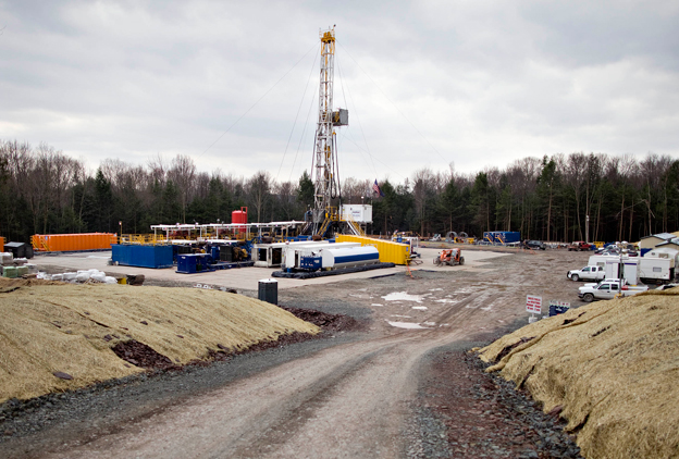 A natural gas drilling rig stands on a Chesapeake Energy Corp. drill site in Bradford County, Pennsylvania.