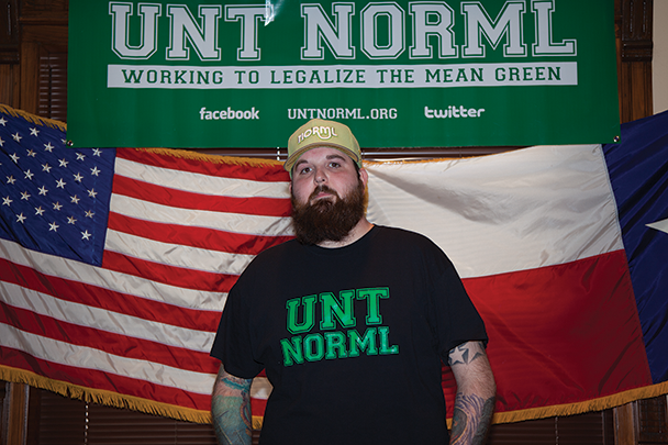 Political science sophomore Tristan Tucker, 26, is a Navy veteran and president of the UNT chapter of the National Organization for the Reform of Marijuana Laws. Tucker is an advocate for using marijuana to combat Post Traumatic Stress Disorder and lobbies for the reformation of marijuana law in Texas. Photo by Grant Chichester/Contributing Photographer