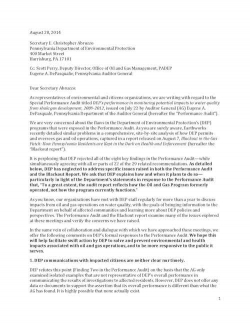 Letter regarding DEP’s performance in monitoring potential impacts to water quality from shale gas d