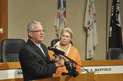 Judge Foster and County Commissioner Maurine Dickey speak at a news conference marking the release of an investigator&#146;s report concerning alleged corruption by Constable Jaime Cortes. The news conference offered little insight into the investigation because neither of them read the report before facing the press.