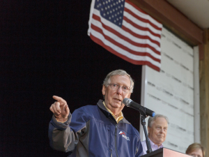 Senate Minority Leader Mitch McConnell speaks to voters at Furches Farm in Murray, Kentucky, on Tuesday.