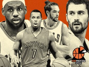 The top four players by wins above replacement in the upper half of the NBA's Eastern Conference, from left to right: Kyle Lowry, Joakim Noah, Kevin Love and LeBron James.