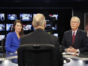 Republican U.S. Senate Minority Leader McConnell and Democratic U.S. Senate candidate Grimes prepare for their debate at the Kentucky Education Television network headquarters in Lexington