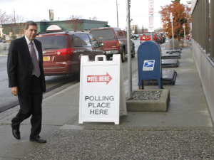 Sen. Mark Begich arrives at an early-polling location Oct. 20 in Anchorage, Alaska.