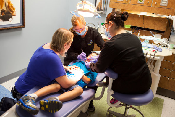 Kerry Sellers, left, Holly Bradley, Registered Dental Hygienist, and Jamie Chilton, Registered Dental Assistant, right, help Vail Ollivierre, 7, sit in the dentist chair.