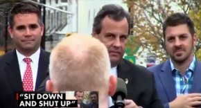 James Keady (foreground) confronts New Jersey Gov. Chris Christie (R) at a public appearance on Oct. 29, 2014 [MSNBC]