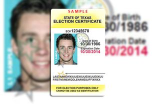 This is a sample Texas Election Identification Certificate, available for those voters who do not have an acceptable form of photo ID such as a driver's license or a U.S. passport.