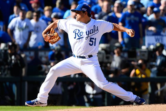 Kansas City Royals starting pitcher Jason Vargas pitches during the first inning against the Baltimore Orioles in Game Four of the American League Championship Series at Kaufman Stadium in Kansas City, Missouri on Oct. 15, 2014.