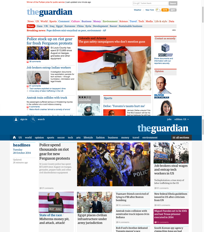 The previous Guardian homepage, top, and the new one, bottom.