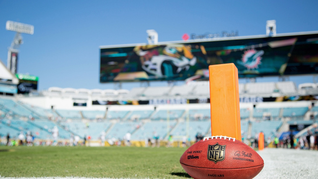A football sits next to a pylon before the game between the Jacksonville Jaguars and the Miami Dolphins at EverBank Field on October 26, 2014 in Jacksonville, Florida.  (Source: Rob Foldy/Getty Images)