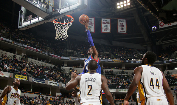 Nerlens Noel #4 of the Philadelphia 76ers shoots against the Indiana Pacers at Bankers Life Fieldhouse on October 29, 2014 in Indianapolis, Indiana. NOTE TO USER: User expressly acknowledges and agrees that, by downloading and/or using this Photograph, user is consenting to the terms and conditions of the Getty Images License Agreement. Mandatory Copyright Notice: Copyright 2014 NBAE (Photo by Ron Hoskins/NBAE via Getty Images)