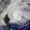 In this handout GOES satellite image provided by NASA, Hurricane Sandy, pictured at 1410 UTC, churns off the east coast on October 28, 2012 in the Atlantic Ocean.