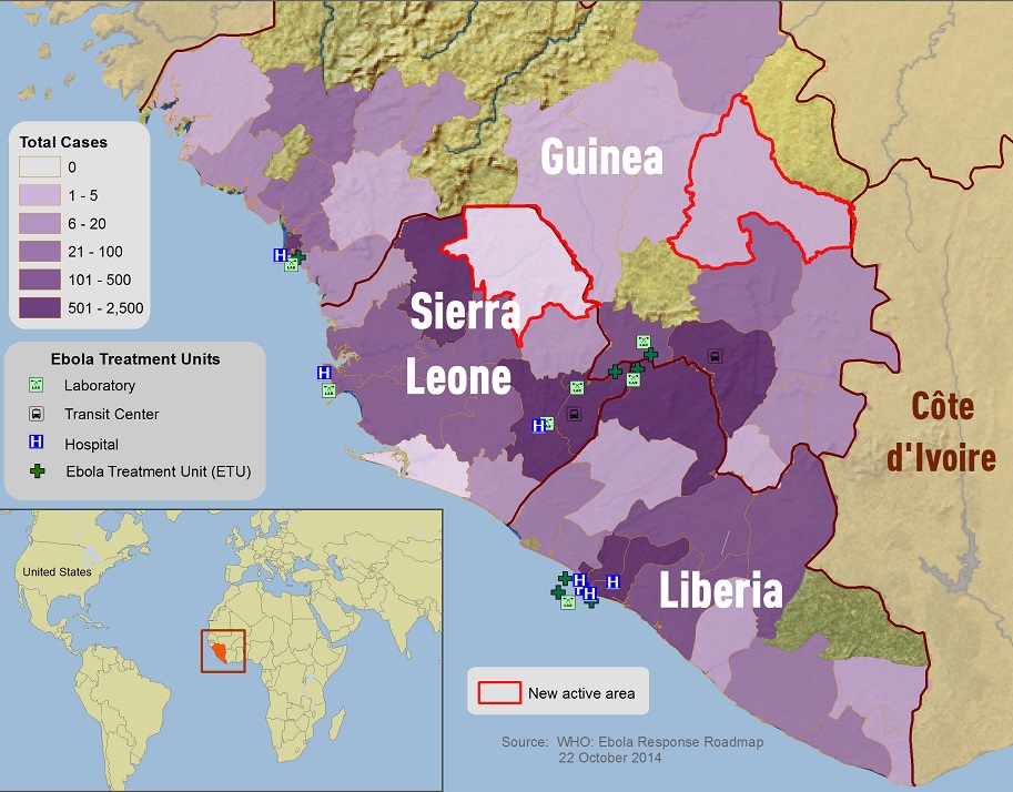 Distribution map showing districts and cities reporting suspect cases of Ebola