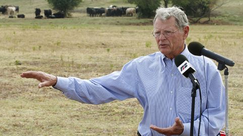 Sen. James Inhofe, R-Okla., gestures as he speaks in a pasture owned by Gary Johnson in Waukomis, Okla, Thursday, Aug. 23, 2012. Inhofe was in Waukomis to speak against the expansion of the Clean Water Act to authority over wet areas on private land.(AP Photo/Sue Ogrocki)
