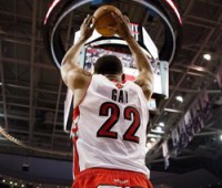 Raptors Gay prepares to throw the ball into play from the end court in the first half of their NBA game against the Celtics in Toronto