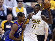 Pacers center Roy Hibbert posts up against 76ers forward Brandon Davies. (Brian Spurlock/USA Today Sports)