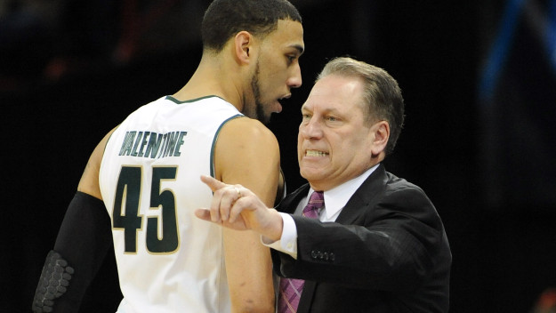 SPOKANE, WA - MARCH 20: Michigan State Spartans head coach Tom Izzo talks to Denzel Valentine #45 during their game against the Delaware Fightin Blue Hens in the second round of the 2014 NCAA Men's Basketball Tournament at Spokane Veterans Memorial Arena on March 20, 2014 in Spokane, Washington. (Photo by Steve Dykes/Getty Images)