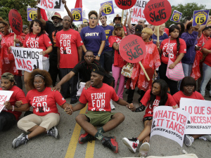 Fast-food workers protest in Chicago on Sept. 4, 2014, as part of a country-wide push for a $15 hourly wage.