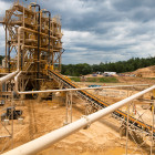 From bottom right, a conveyor carries sand from the crushing area to a wash plant tower to be washed and sorted by grain size at the Preferred Sands plant in Blair, Wis., on June 20, 2012.