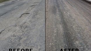 Before and after images of of the frontage road on I-37 in Live Oak County. The Texas Department of Transportation converted the badly-damaged asphalt road to an unpaved road the week of August 19, 2013.