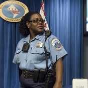 Washington, D.C., police officer Debra Domino wears a body camera at City Hall in September.