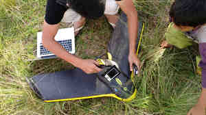 Researchers download images after a drone flight in Sabah, Malaysia.