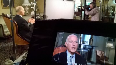 Gov. Jerry Brown is interviewed by senior politics editor John Myers of KQED. (Monica Lam/KQED)