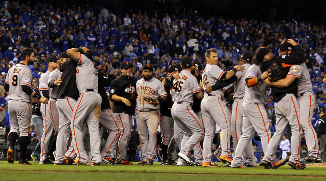 The San Francisco Giants celebrate after defeating the Kansas City Royals to win Game Seven of the 2014 World Series by a score of 3-2 at Kauffman Stadium on October 29, 2014 in Kansas City, Missouri. (Jamie Squire/Getty Images)