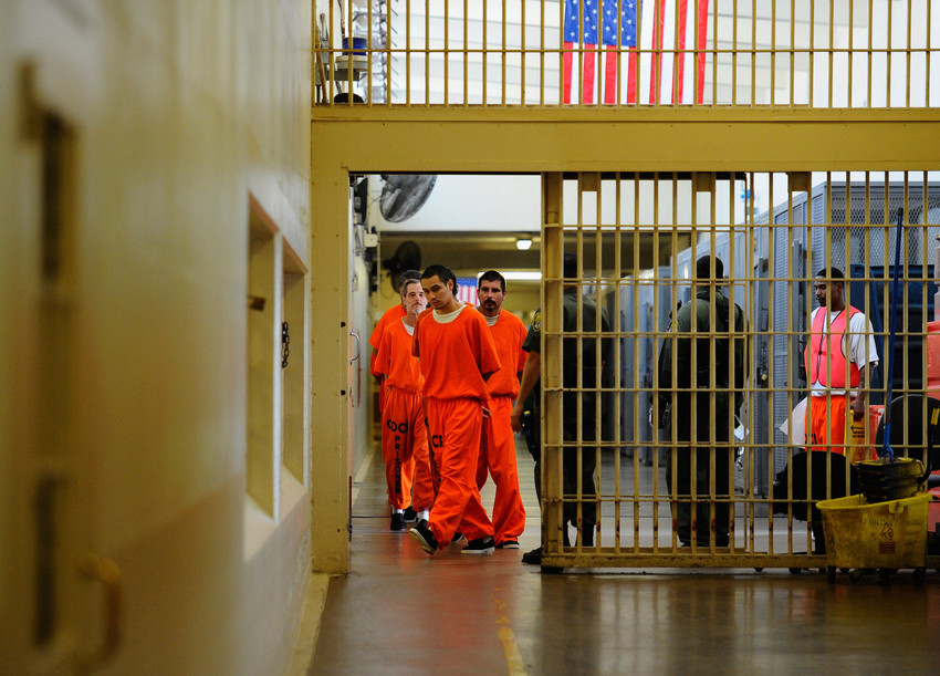 Inmates at Chino State Prison in California. (Kevork Djansezian/Getty Images)