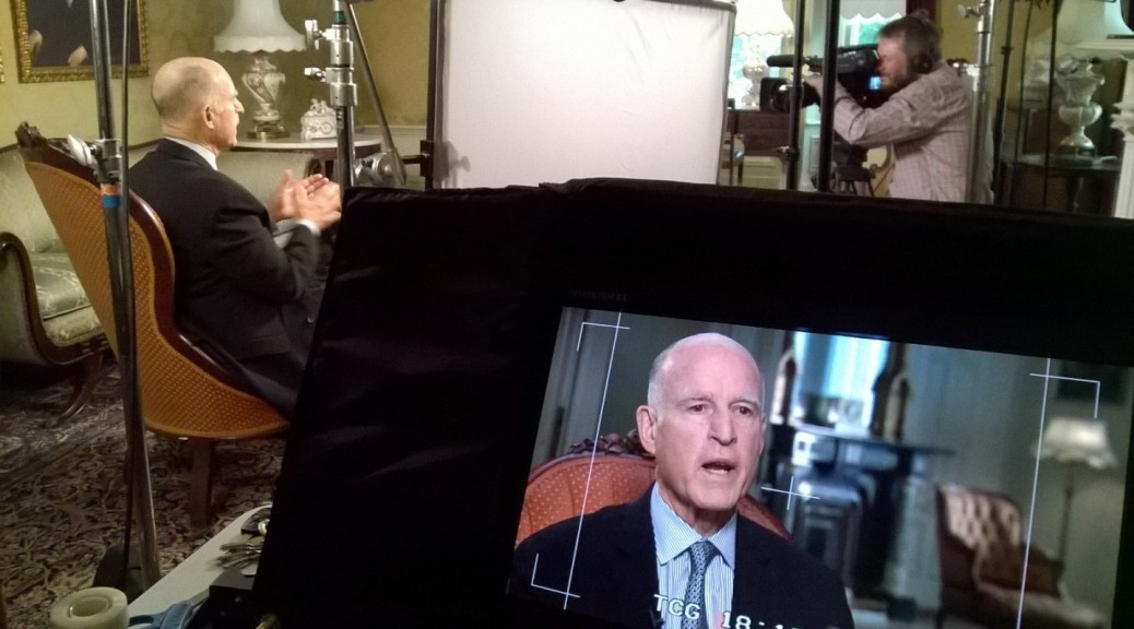 Gov. Jerry Brown is interviewed by senior politics editor John Myers of KQED. (Monica Lam/KQED)