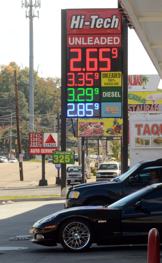 The price of regular gasoline dropped to $2.659 per gallon at the Hi Tech Fuels station on Brainerd Road and other stations in Chattanooga, Tenn., on Tuesday, Oct. 21, 2014.